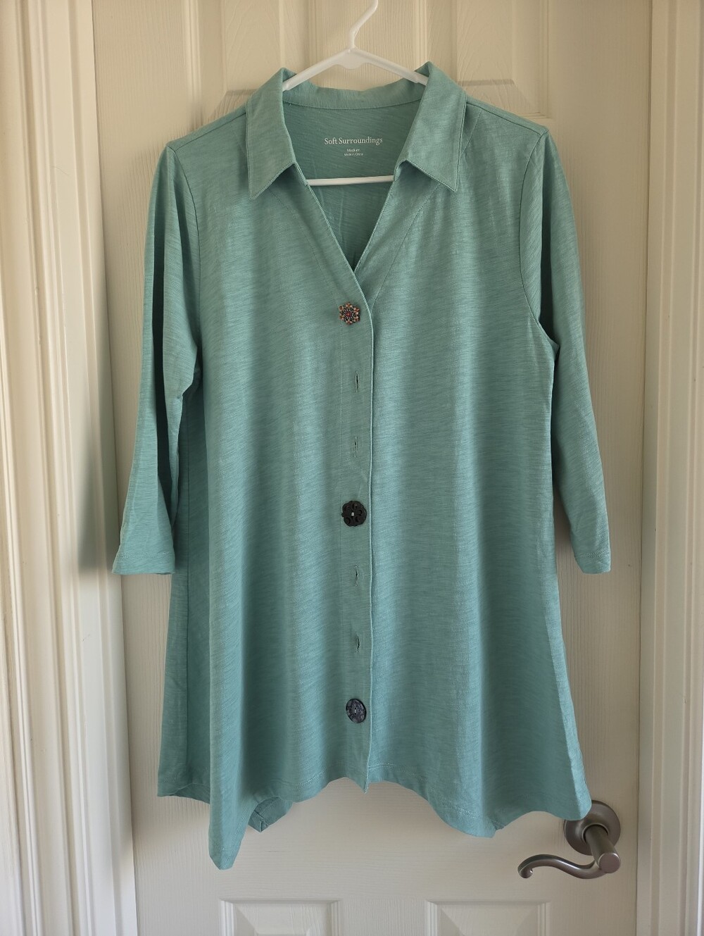 Soft Surroundings Danielle Tunic Top Mismatched Buttons Teal Green Slub Knit M